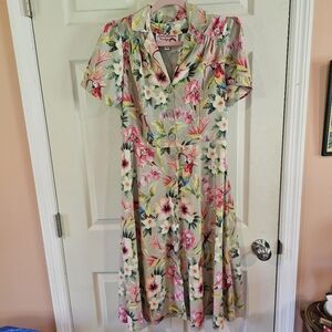 Rock n Romance Vintage Inspired Style Bird Botanical Print Buttondown Dress